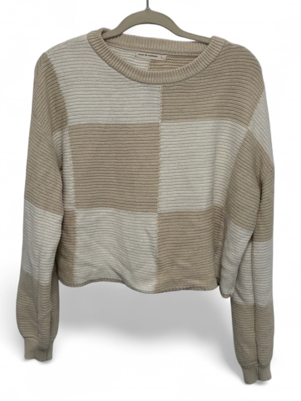 moon & madison Beige and Cream Patchwork Cropped Sweater